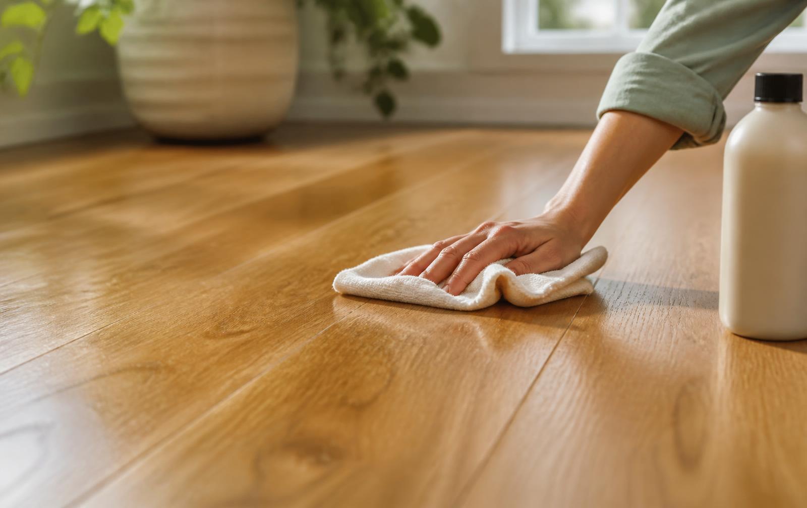 A hardwood floor being hand-cleaned with a microfiber cloth in warm daylight
