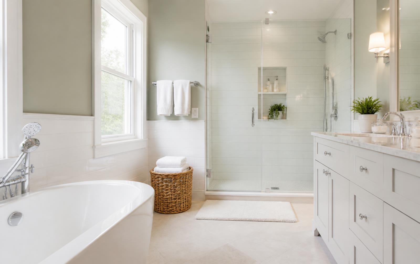 Spotless bathroom with clean glass shower and polished chrome fixtures